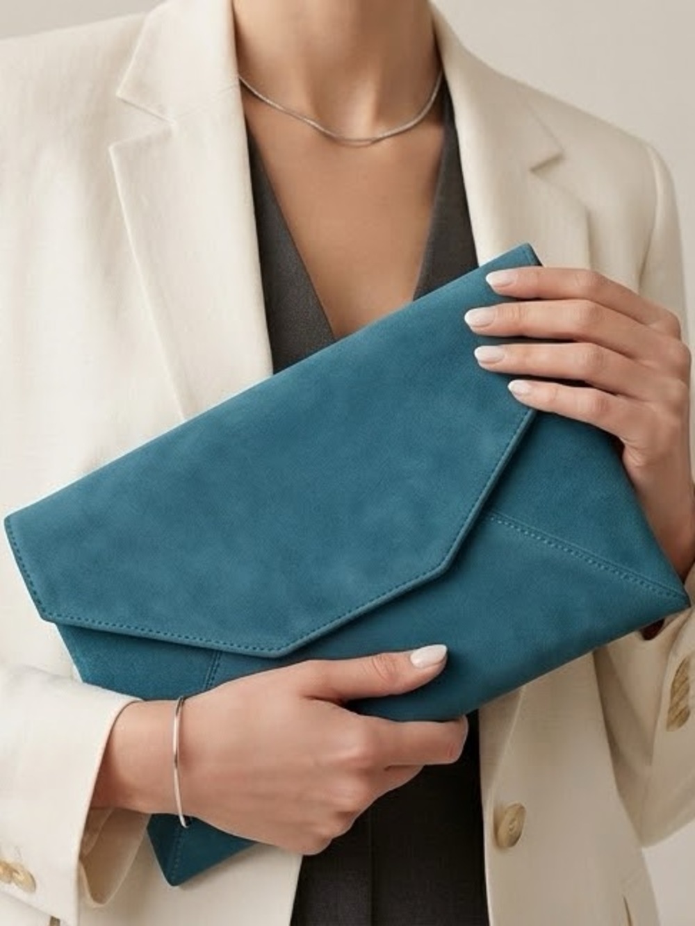 Ann Taylor Teal Blue Kid Suede Envelope Clutch Bag Purse NWOT Minimalist